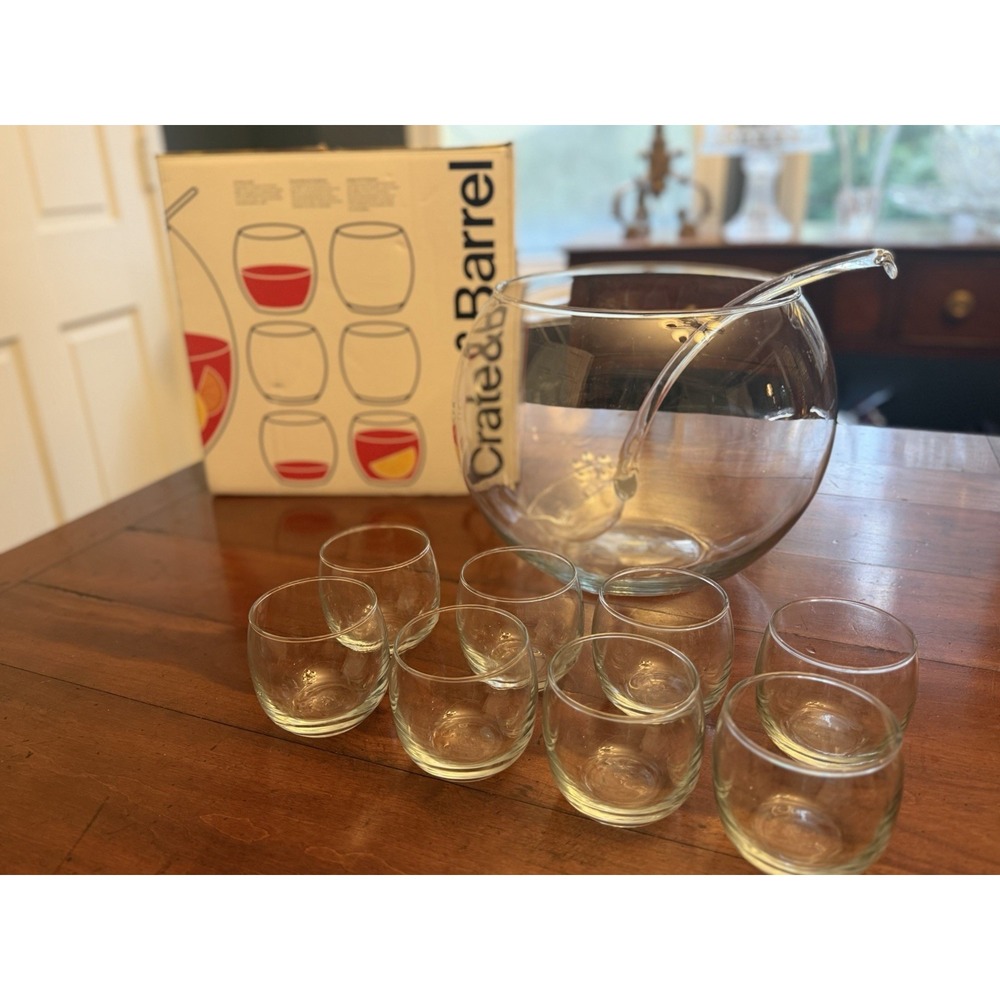 Crate and Barrel Glass Punch Bowl Set 10 Piece 8 Cups Ladle Modern Fishbowl Box